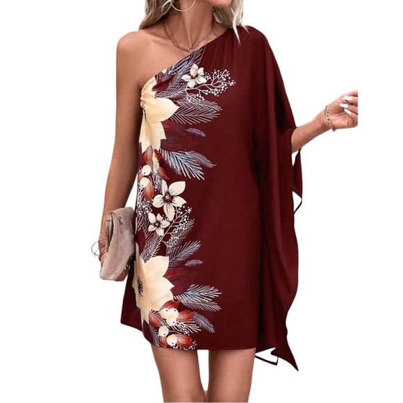 Burgundy Red Floral Flowers Print One Shoulder Batwing Sleeve Vacation Dress - Picture 7 of 7